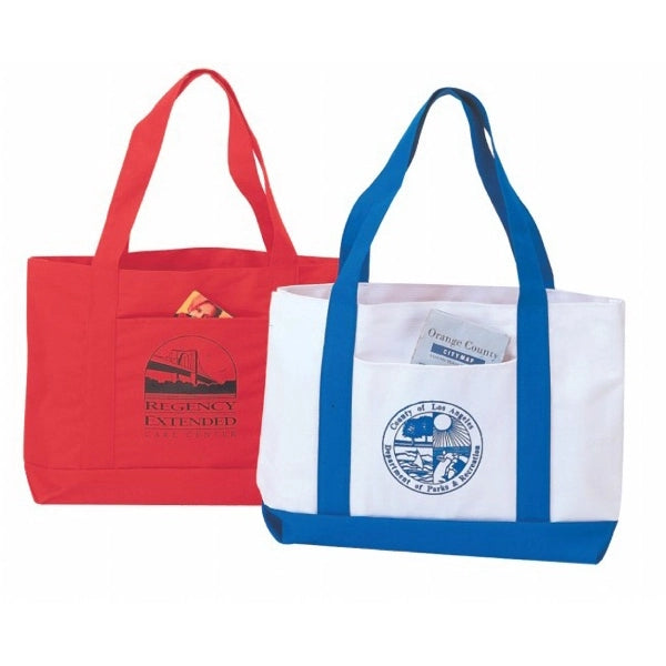 Two-Tone 600D Poly Tote Bag with Front Pocket - Item #4209 - White-Royal