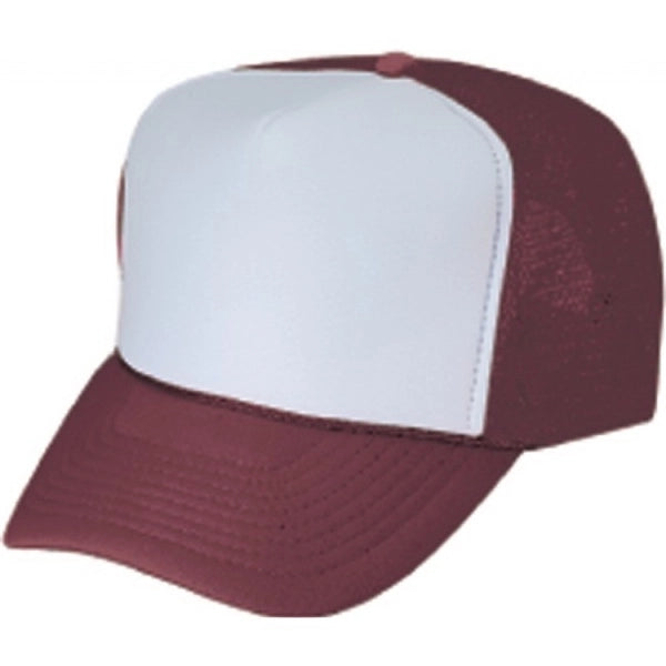 Two-Tone Poly Foam Front Mesh Back Trucker Snapback Cap - Item #C2203 - Maroon-White