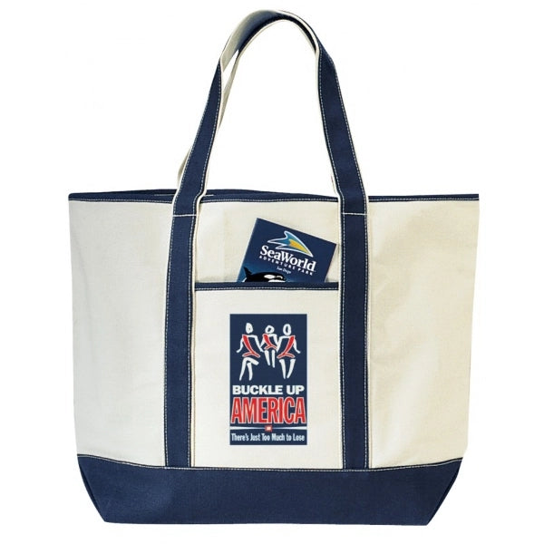 Heavy-Duty Cotton Canvas Tote Bag with Pocket 22" - Item #4308 - Natural-Navy