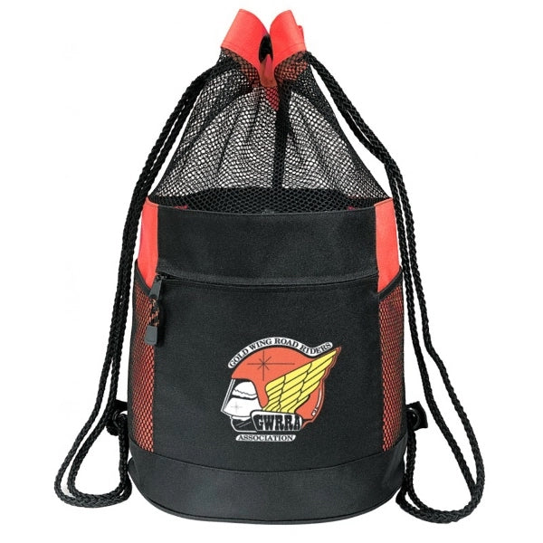 600D Poly Drawstring Mesh Backpack - Item #930 - Red-Black