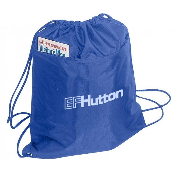 210D Poly Drawstring Tote, Front Zipper Pocket & PU Coating - Item #955 - Navy