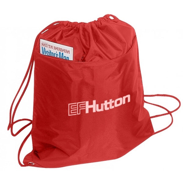 210D Poly Drawstring Tote, Front Zipper Pocket & PU Coating - Item #955 - Red