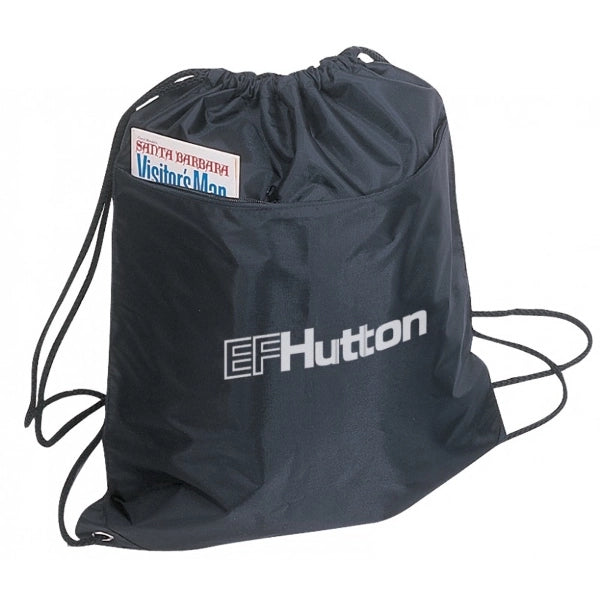 210D Poly Drawstring Tote, Front Zipper Pocket & PU Coating - Item #955 - Black