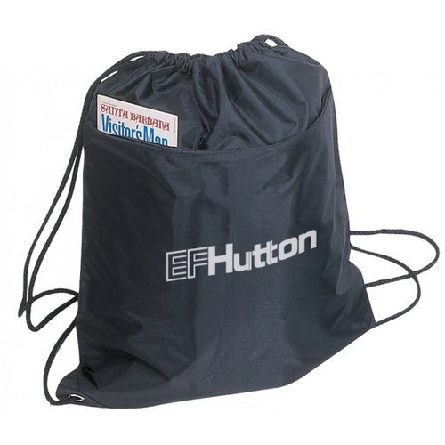 210D Poly Drawstring Tote, Front Zipper Pocket & PU Coating - Item #955 - Black