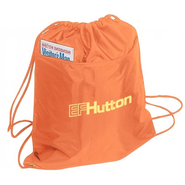 210D Poly Drawstring Tote, Front Zipper Pocket & PU Coating - Item #955 - Orange