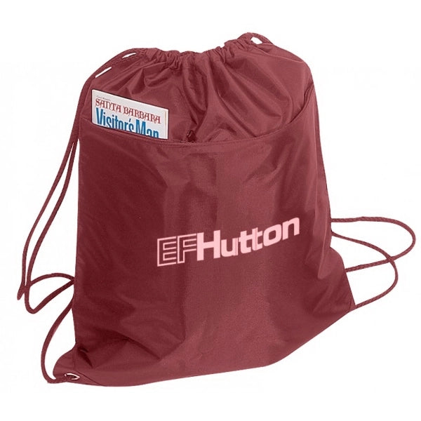 210D Poly Drawstring Tote, Front Zipper Pocket & PU Coating - Item #955 - Maroon