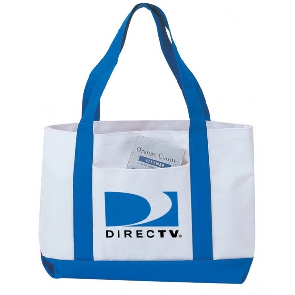 Two-Tone 600D Poly Tote Bag with Front Pocket - Item #4209 - White-Royal
