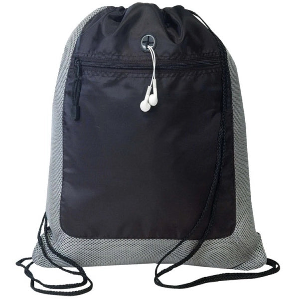 Poly Mesh Drawstring Tote with Zipper & Headphone Pocket - Item #984 - Dark Gray-Black