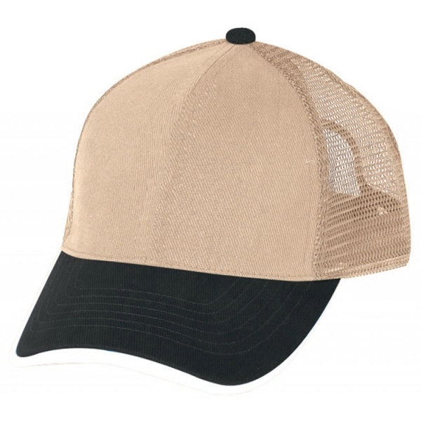 Low Crown Constructed 5-Panel Cotton Twill Mesh Cap, Hook & Loop - Item #C1607 - Black-Khaki