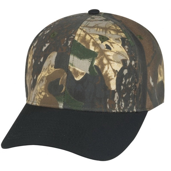 Low Crown Constructed 6-Panel Camo Twill Cap with Black Bill - Item #C2415 - Black/Oak Camo