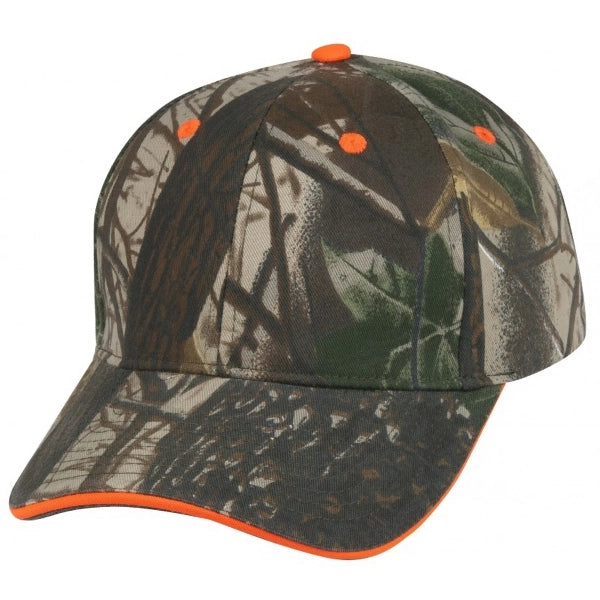 Low Crown Constructed Camo Twill Cap, Orange Sandwich Bill - Item #C2414 - Olive Tree Camo