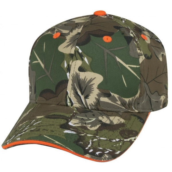 Low Crown Constructed Camo Twill Cap, Orange Sandwich Bill - Item #C2414 - Oak Camo