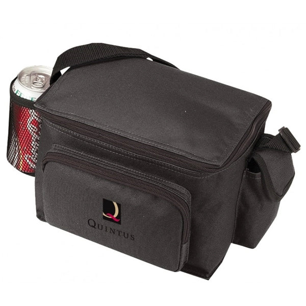 6-Pack 600D Poly Cooler with Bottle Holder & Phone Pouch - Item #458 - Black