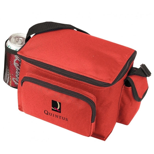 6-Pack 600D Poly Cooler with Bottle Holder & Phone Pouch - Item #458 - Red