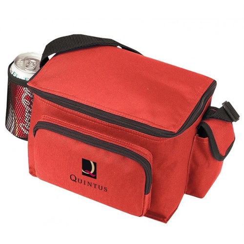6-Pack 600D Poly Cooler with Bottle Holder & Phone Pouch - Item #458 - Red