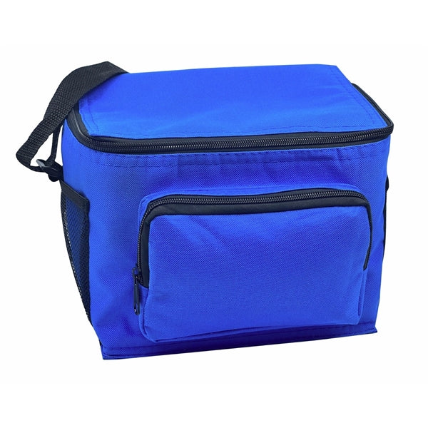 6-Pack 600D Poly Cooler Bag with Front & Side Pockets - Item #460 - Royal Blue/Black