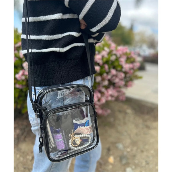 Clear Vinyl 2-Zipper Travel Sling Bag for Security Checks - Item #Q1133 - Clear-Black