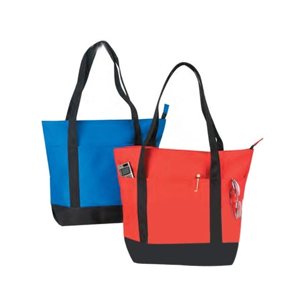 Basic Two-Tone 600D Poly Zippered Tote, Multi Pockets - Item #4204 - White-Royal