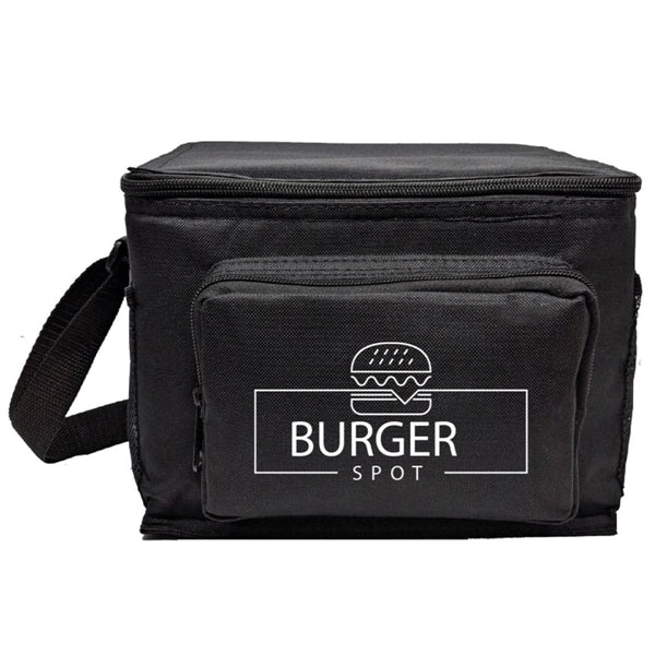 6-Pack 600D Poly Cooler Bag with Front & Side Pockets - Item #460 - Black