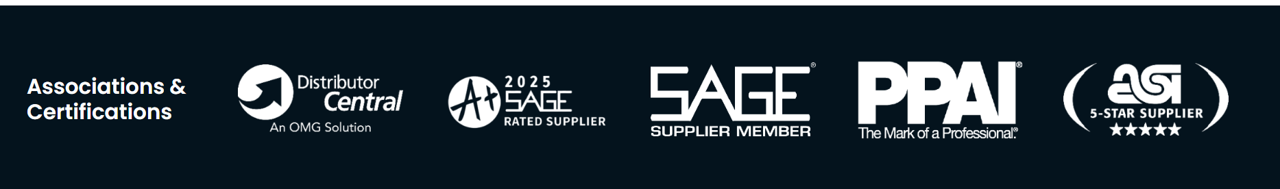 DSG associations: Distributor Central, SAGE A+ Rated Supplier 2025, SAGE Supplier Member, PPAI, ASI 5-Star Supplier